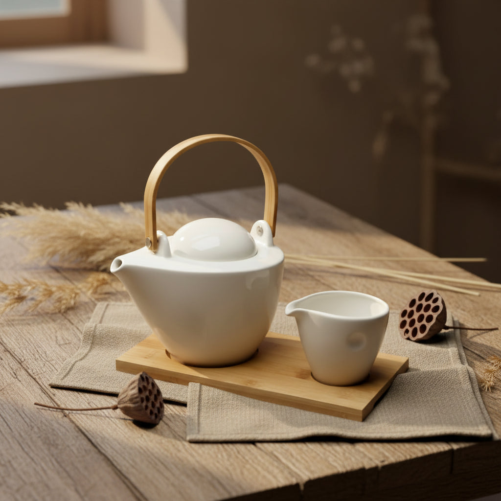 סט קומקום + כוס פורצלן + מגש עץ