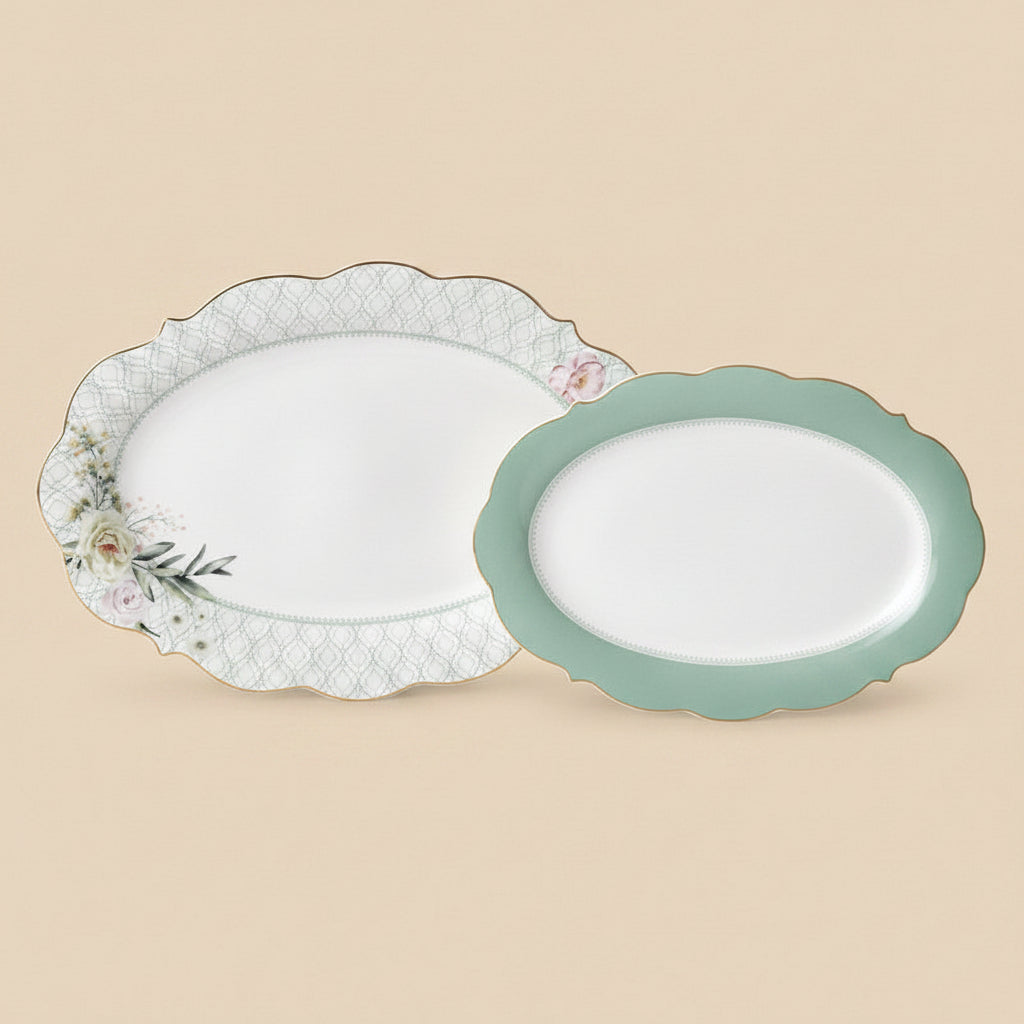 New Bone China ירוק/אפור אורכים  35/30ס"מ  Alberta   מגשים אובליים